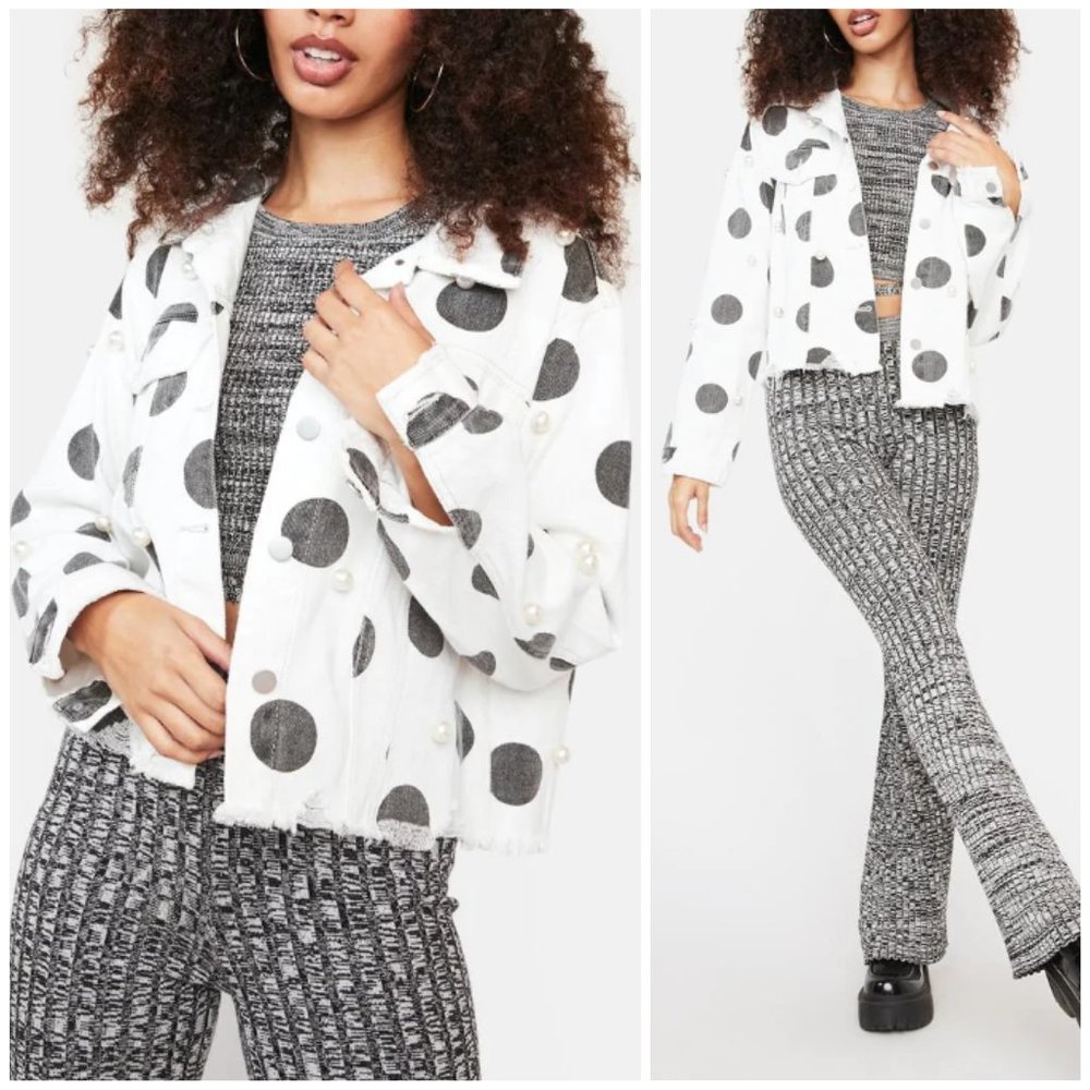 NWT Dolls Kill Polka Dot Print Pearl Denim Jacket Fall Spring Festival Travel